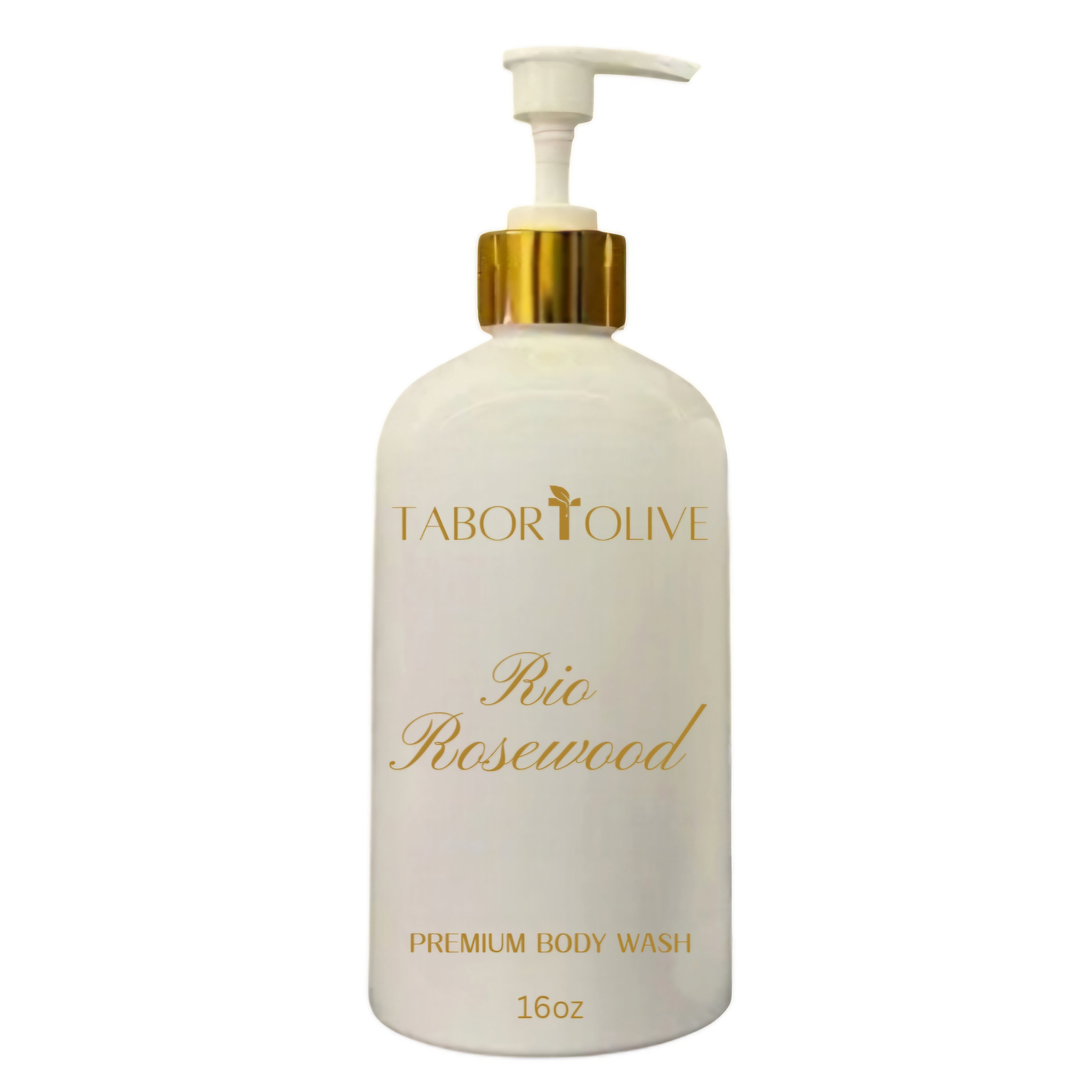 White and gold bottle with gold text that says, "premium body wash"