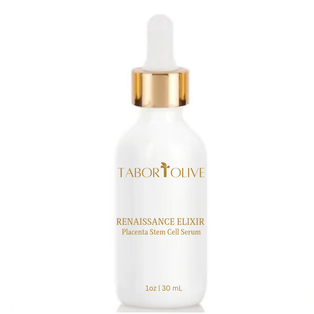 White cosmetic dropper bottle with gold cap and gold text that says, "Renaissance elixir. Placenta stem cell serum"