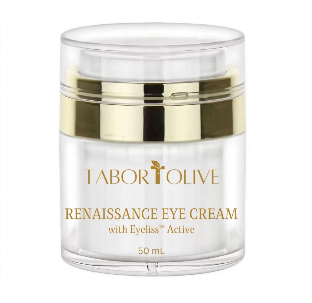 White and gold cosmetic airless pump jar with gold text that says, "Renaissance Eye Cream. With eyeliss active"