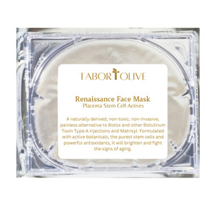 Picture of face mask paxkage with white label and gold text that says, "Renaissance Face Mask. Placenta Stem Cell Actives."