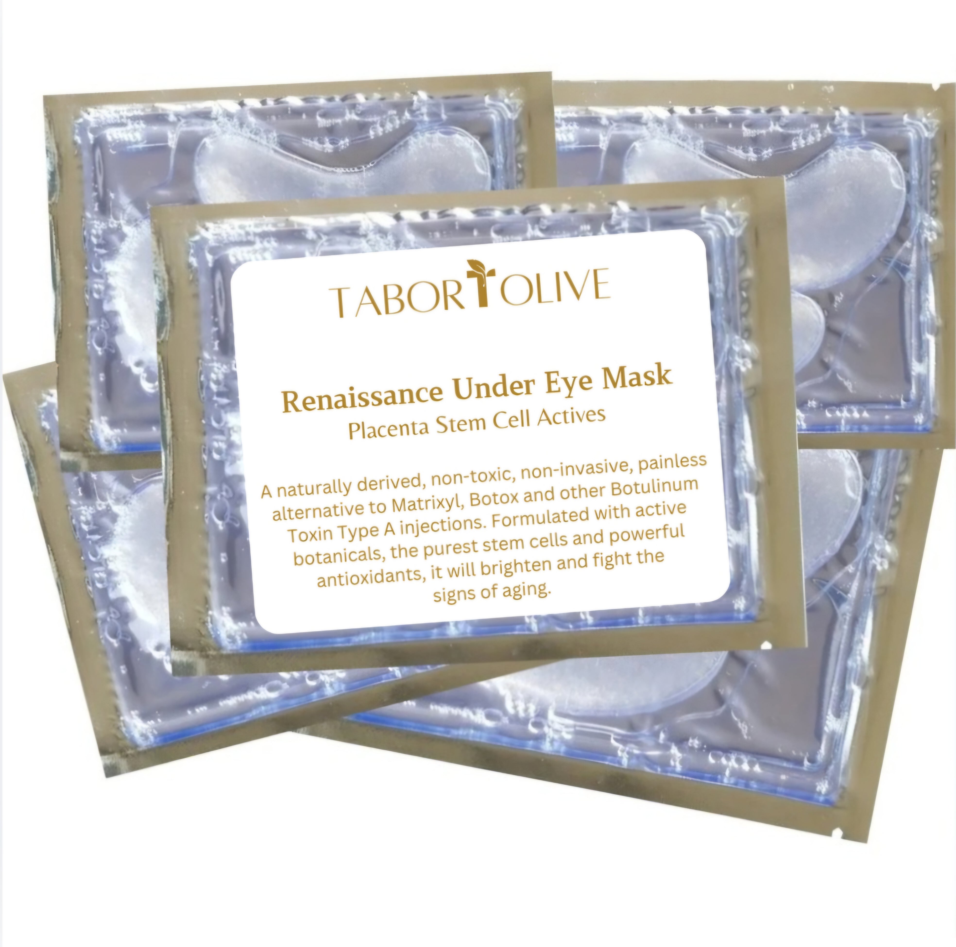 A picture of 5 cosmetic under eye mask packages with white label and gold text that says, "Renaissance Under Eye Mask. Placenta stem cell active 24k gold"