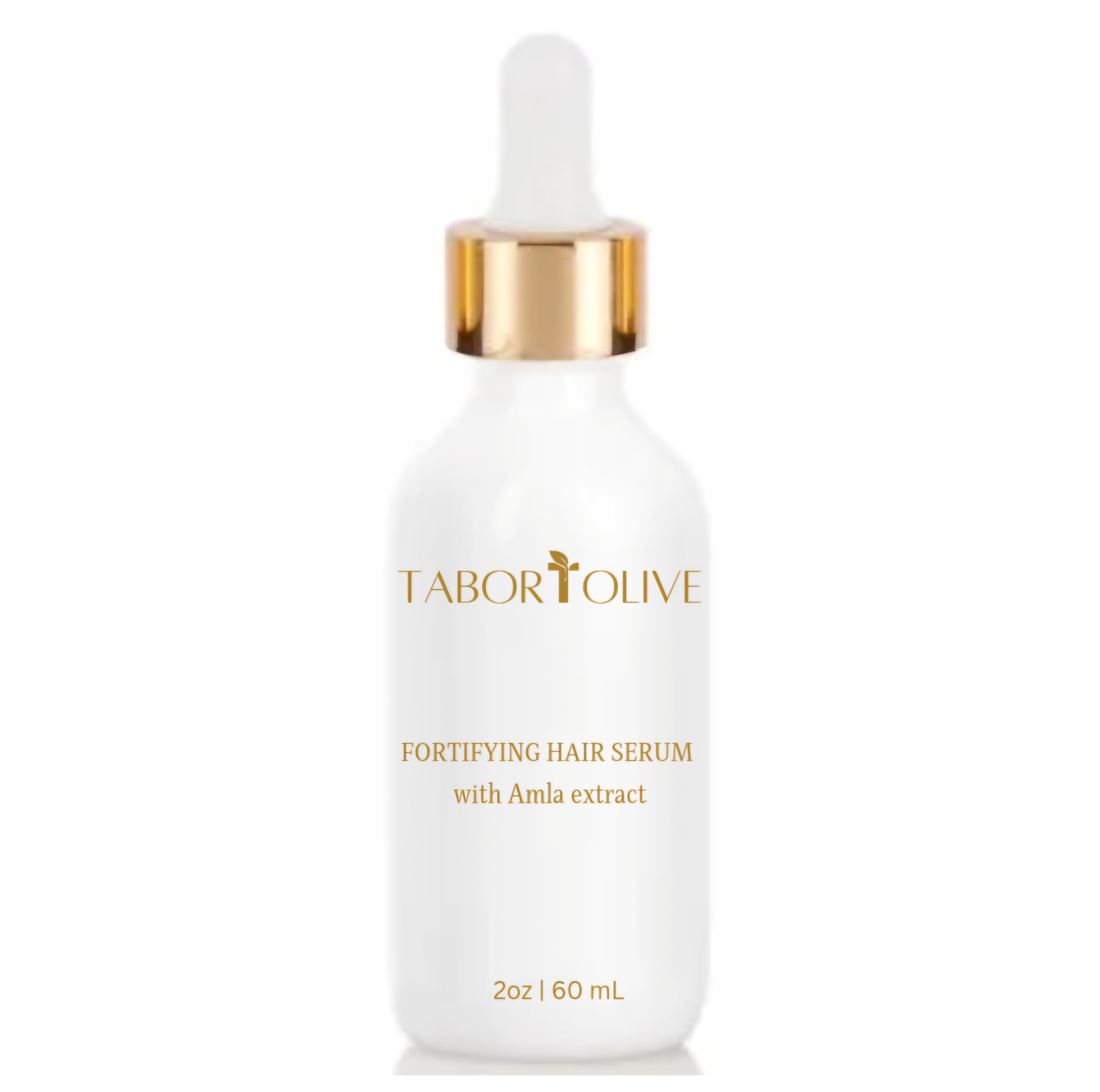 White bottle with gold dropper with text that says "fortifying Hair Serum with amla extract"