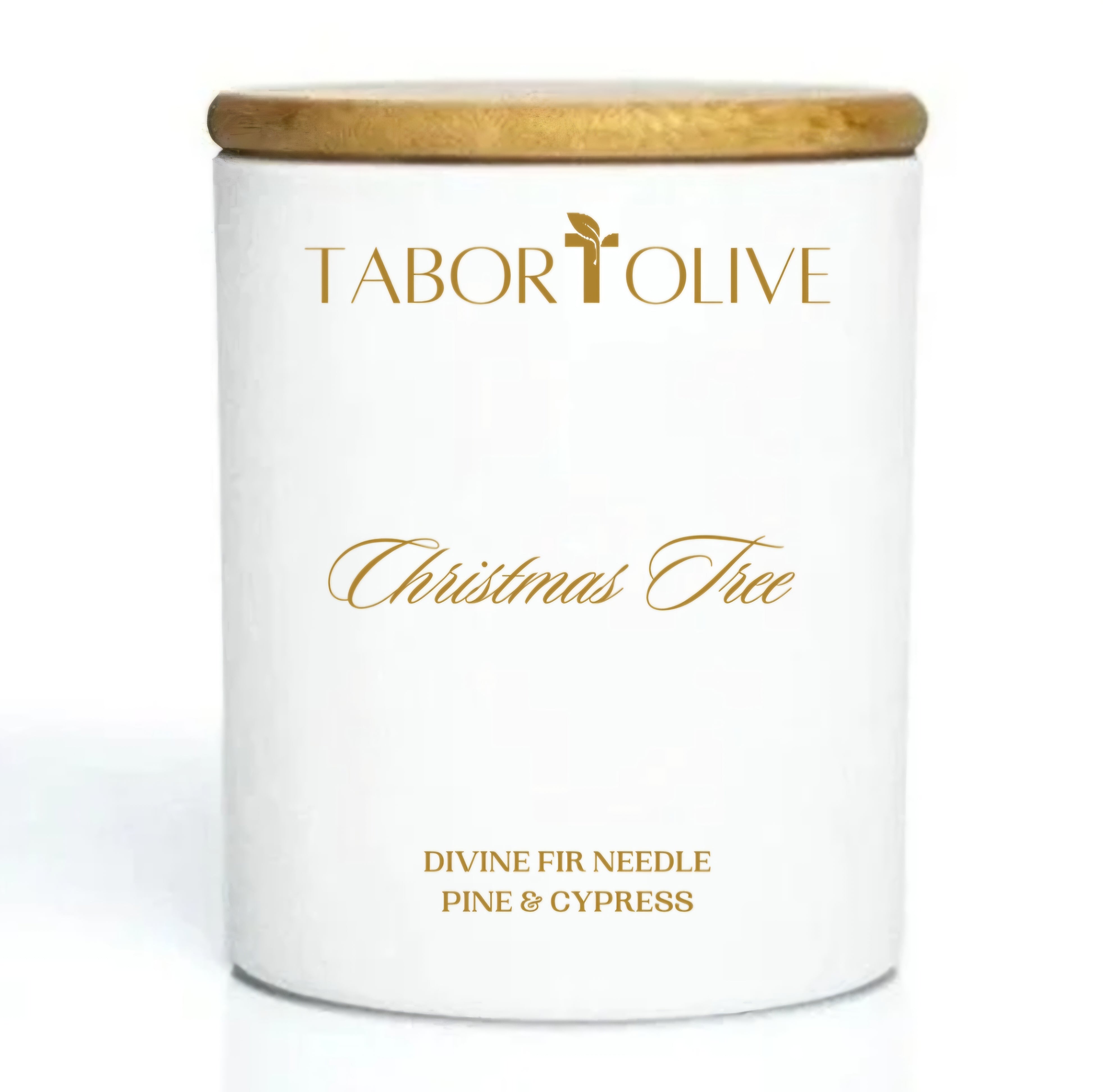 White candle jar with bamboo lid with gold text that says, "Christmas Tree
 Divine fir needle pine and cypress"