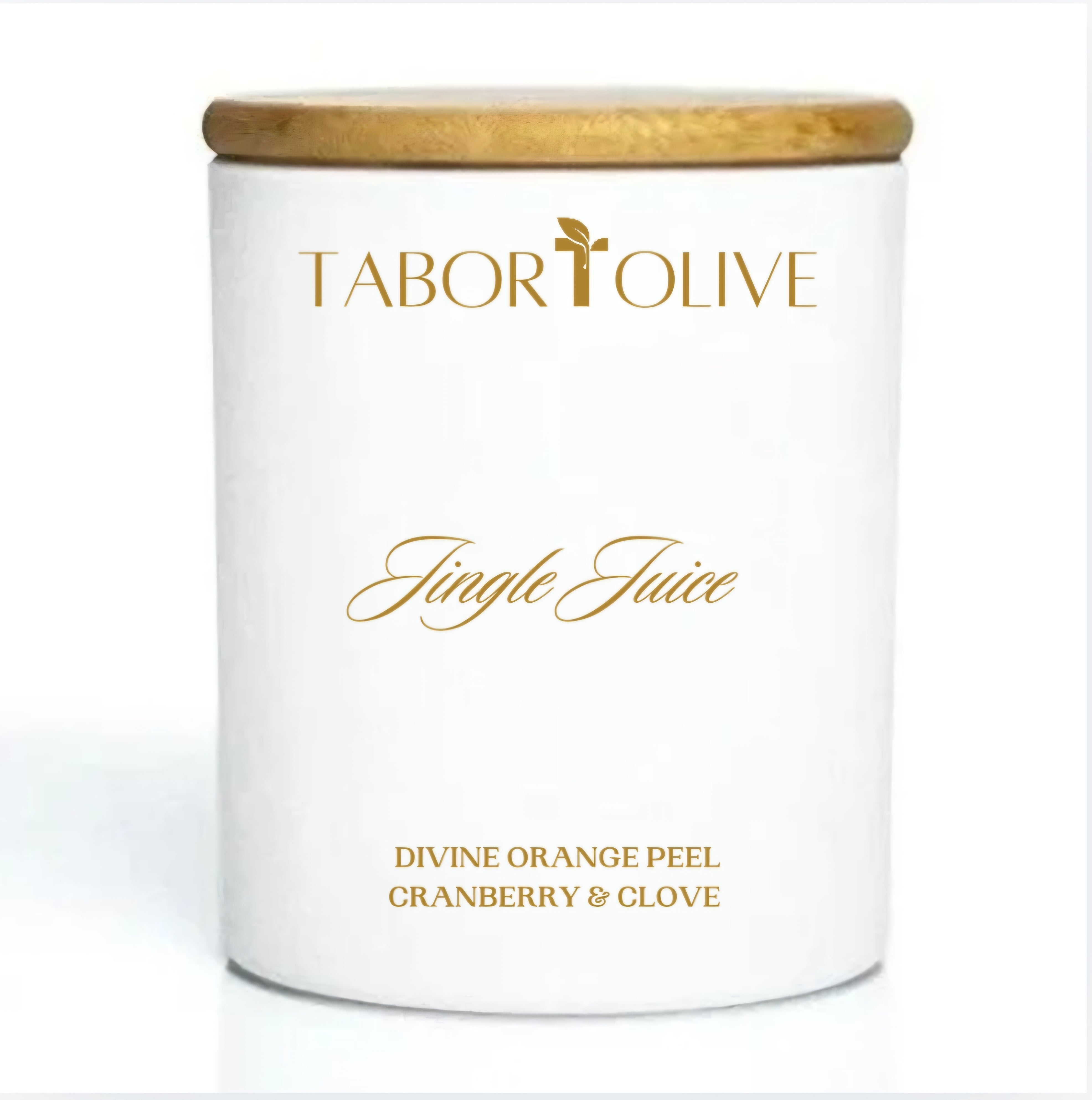 White candle jar with bamboo lid with gold text that says, "Jingle Juice. Divine orange peel cranberry and clove"