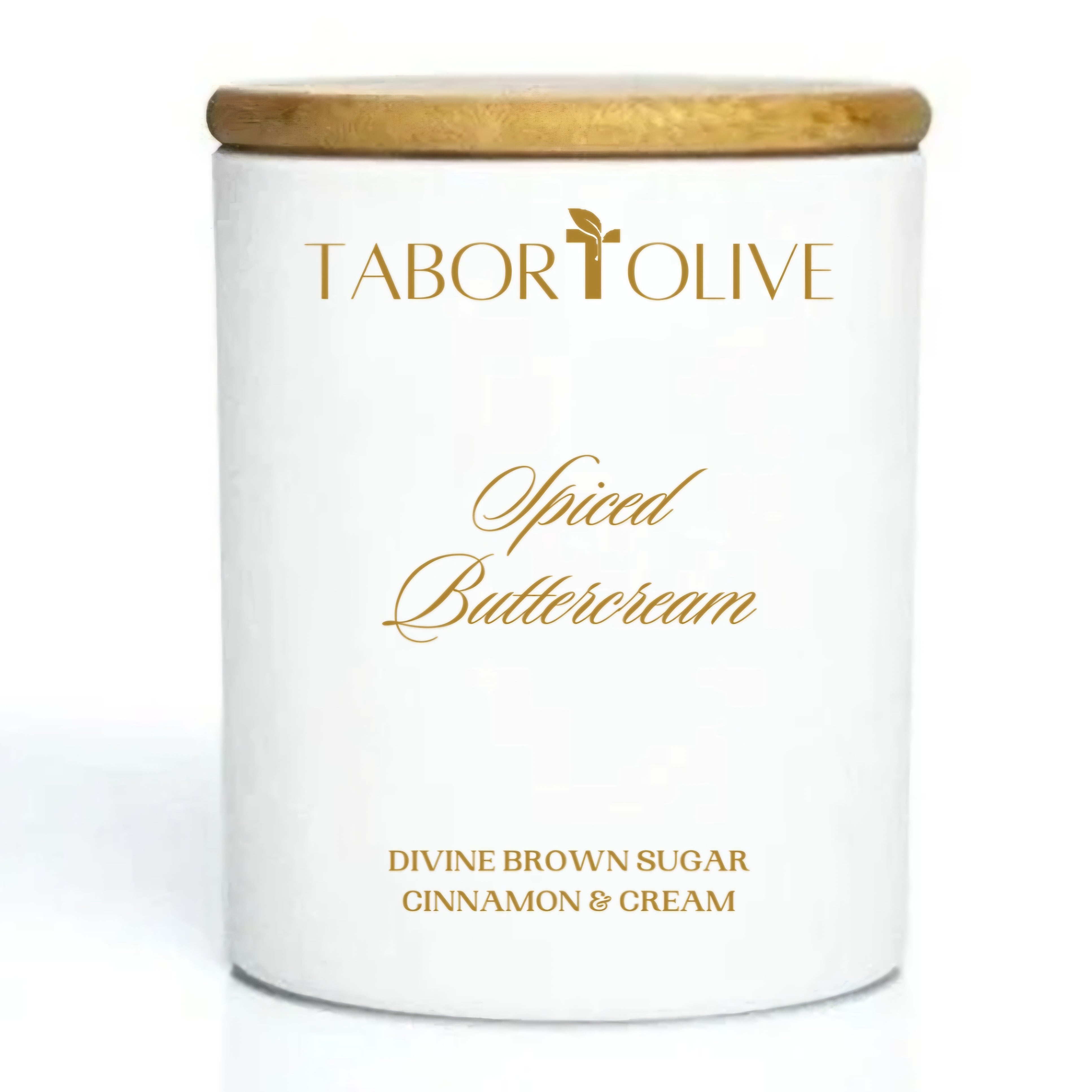 White candle jar with bamboo lid with gold text that says, "SpicedButtercream. 
Divine brown sugar cinnamon and cream"