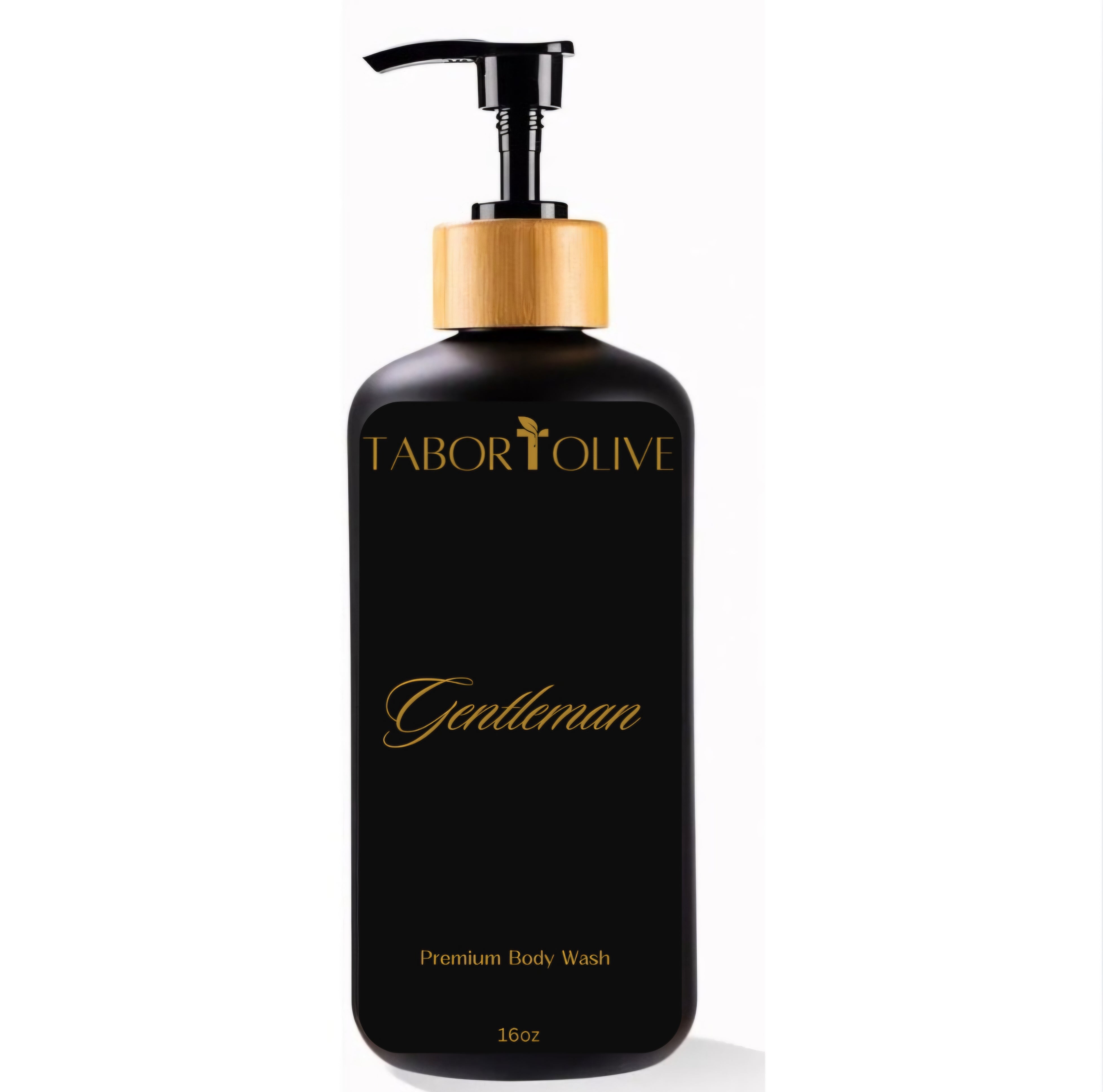 Black soap bottle with bamboo dispenser amd gold text that says, "premium body wash. Gentleman."