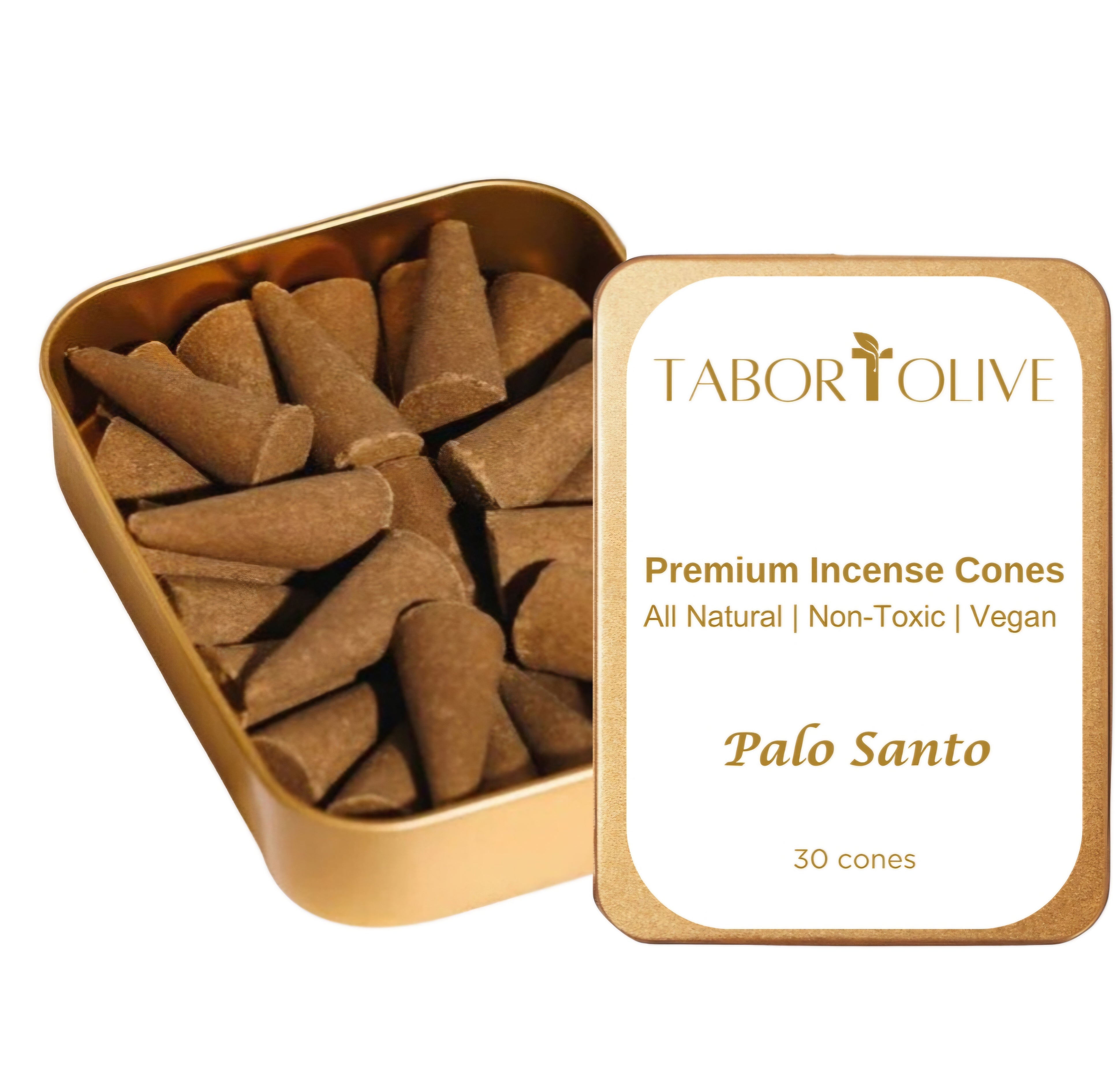 Gold tin with incense cones inside. White label with gold text that says, "premium incense cones. Non-toxic natural vegan"