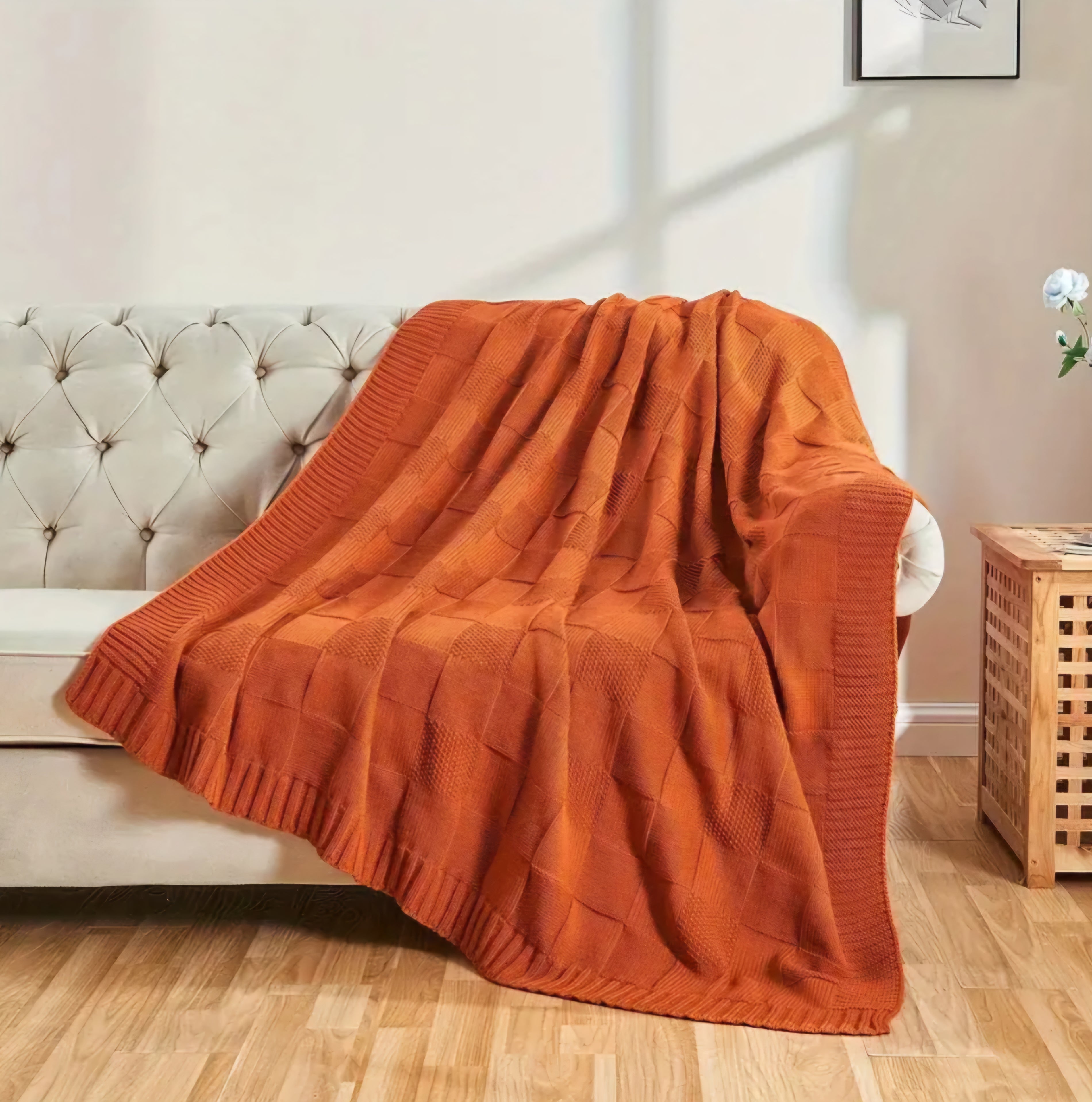 Chic and Soft Knitted Throw Blanket, Rust